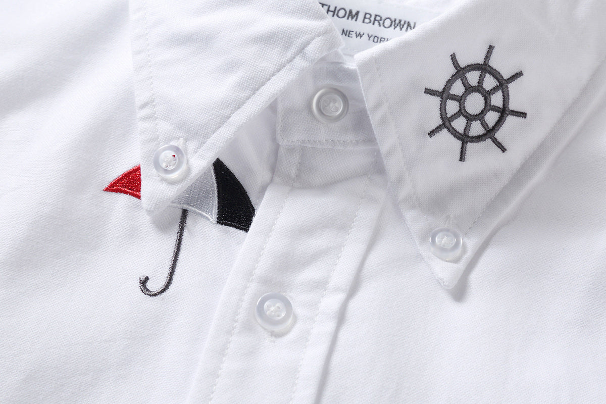 Men's Nautical Print Long-Sleeve Shirt — White & Blue | Thom Browne