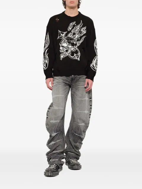 THUG CLUB Chrome Skull distressed-knit sweater