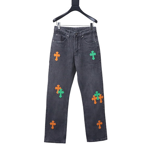 Chrome Hearts green and orange cross leather jeans