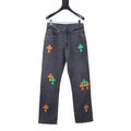 Chrome Hearts green and orange cross leather jeans
