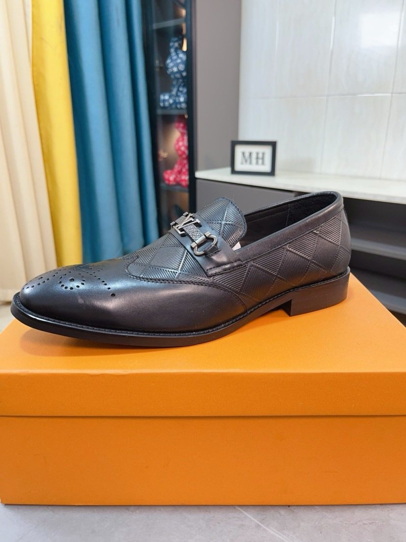 Louis Vuitton Embossed Logo Slip-On Dress Shoes - Dark Charcoal Gray