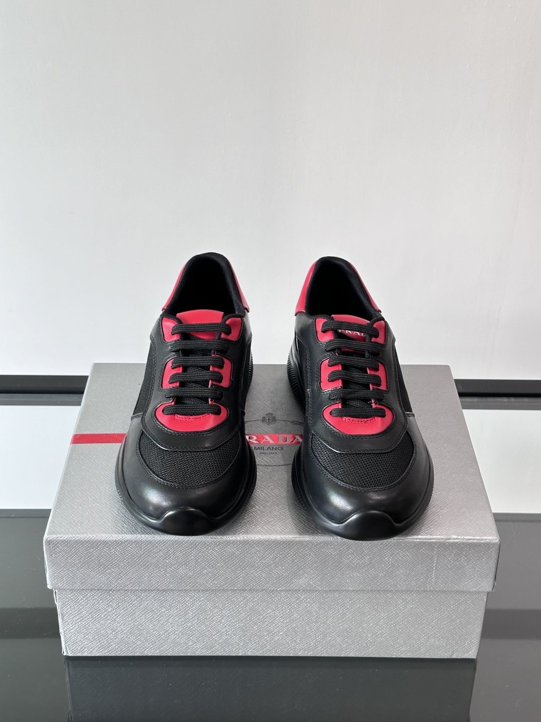 Prada Men's Low-Top Leather Sneakers - Rounded Toe