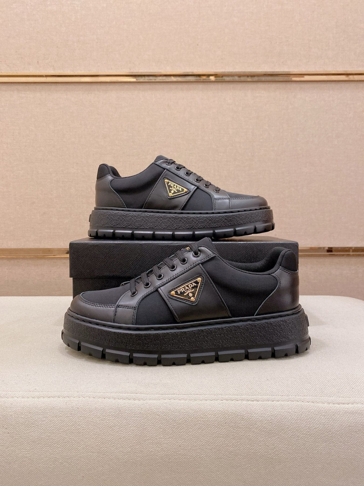 Prada Triangle Plaque Low-Top Sneakers - Treaded Rubber Sole